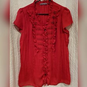 Red ruffle & pleated button down NY collection top